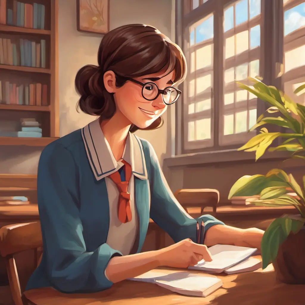 Illustration: Kind teacher, brown hair, glasses, friendly smile with a sad expression, looking at a student who is struggling to understand.