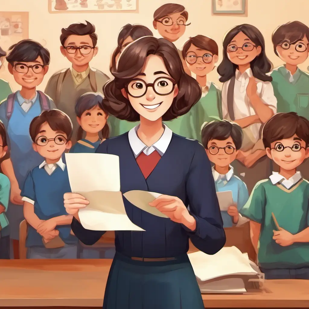 Illustration: Kind teacher, brown hair, glasses, friendly smile standing in front of a group of parents, holding a piece of paper.