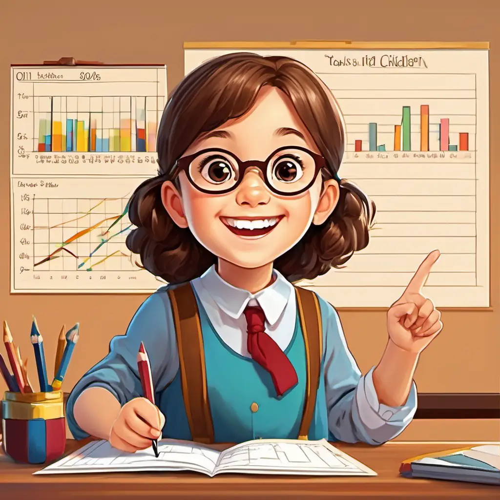 Illustration: Kind teacher, brown hair, glasses, friendly smile pointing at a chart that shows the children's progress going down.