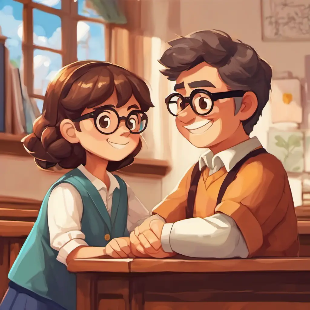 Illustration: Angry, crossed arms, now supportive and friendly shaking hands with Kind teacher, brown hair, glasses, friendly smile, with smiles on their faces.