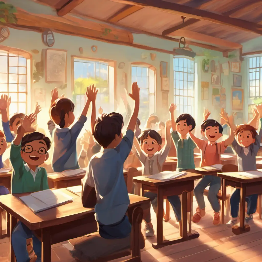 Illustration: Students happily participating in class, raising their hands to answer questions.