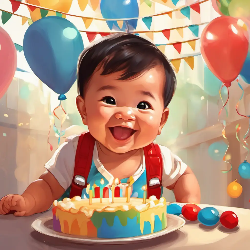 Grayson dressed in a festive outfit, laughing joyfully at his first birthday party.