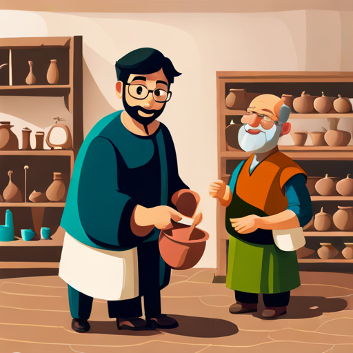Ahmed and the potter talking, clay pots on a shelf