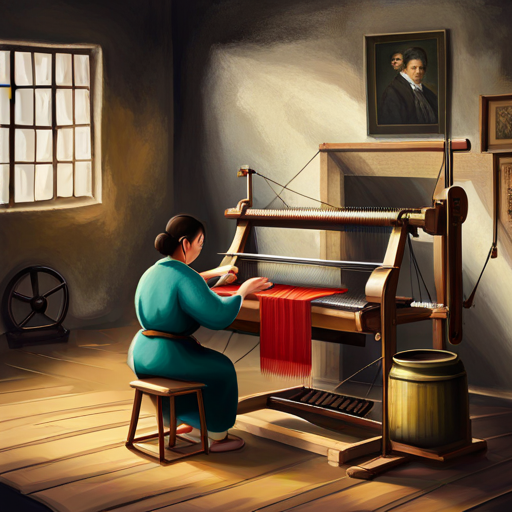 A weaver using a loom to create a colorful fabric