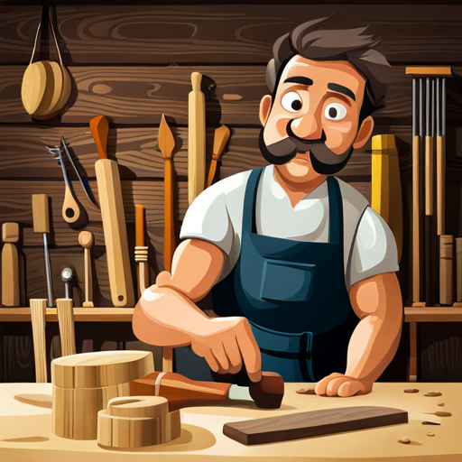 A woodworker with a chisel and a wooden sculpture