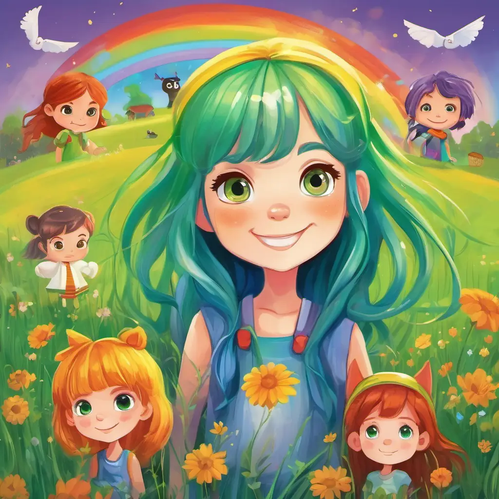 The text appears on a page with a colorful illustration of the four friends standing in a green meadow, each representing a different color of the rainbow. Red hair, blue eyes Friendly and adventurous little girl has red hair and blue eyes, Yellow hair, brown eyes Cheerful and caring little boy has yellow hair and brown eyes, Blue hair, green eyes Creative and imaginative little girl has blue hair and green eyes, and Green hair, hazel eyes Kind-hearted and curious little boy has green hair and hazel eyes.