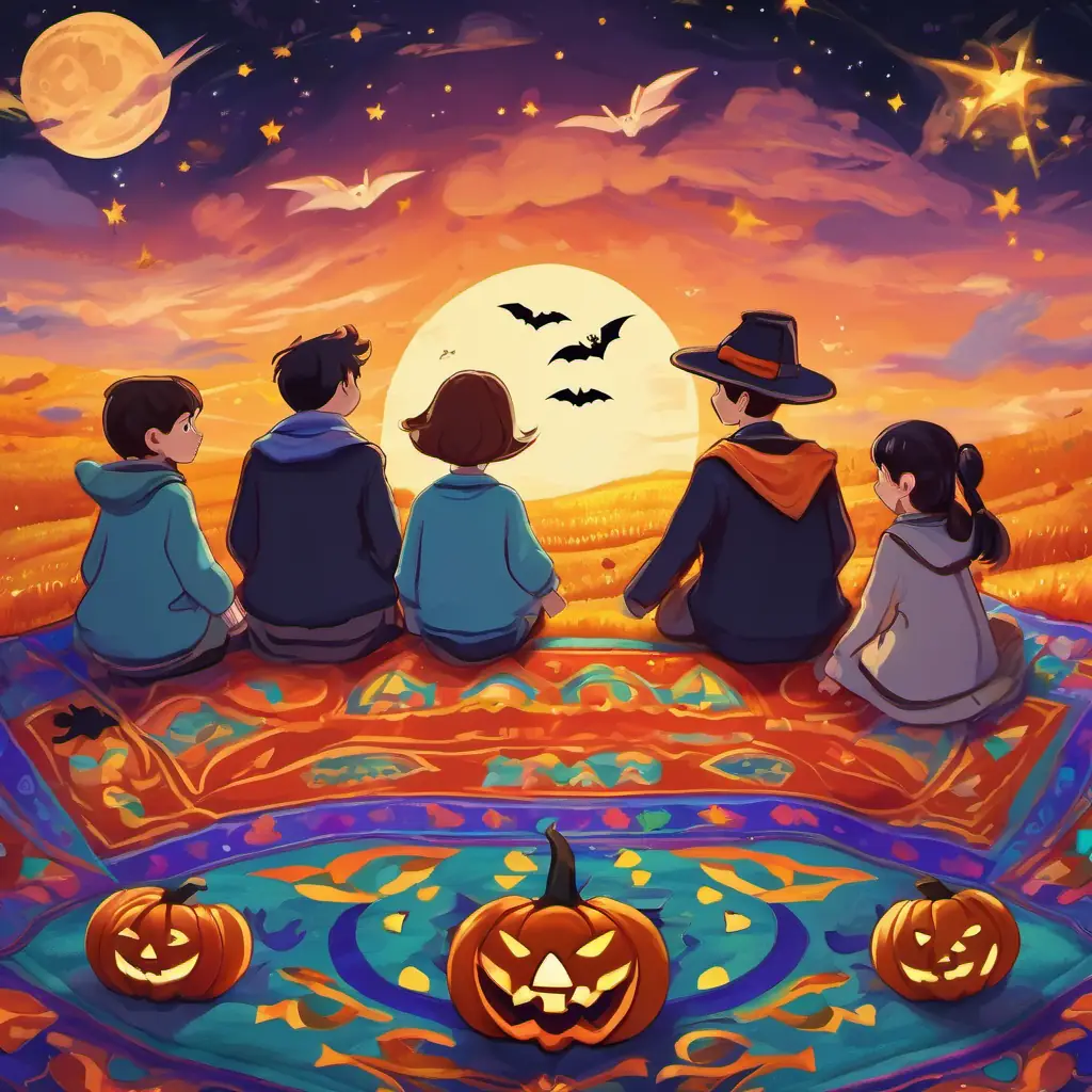 The text appears on a page with an illustration of the four friends sitting on a vibrant carpet with stars, flying high in the sky. They are all holding hands and smiling, excited for their adventure.