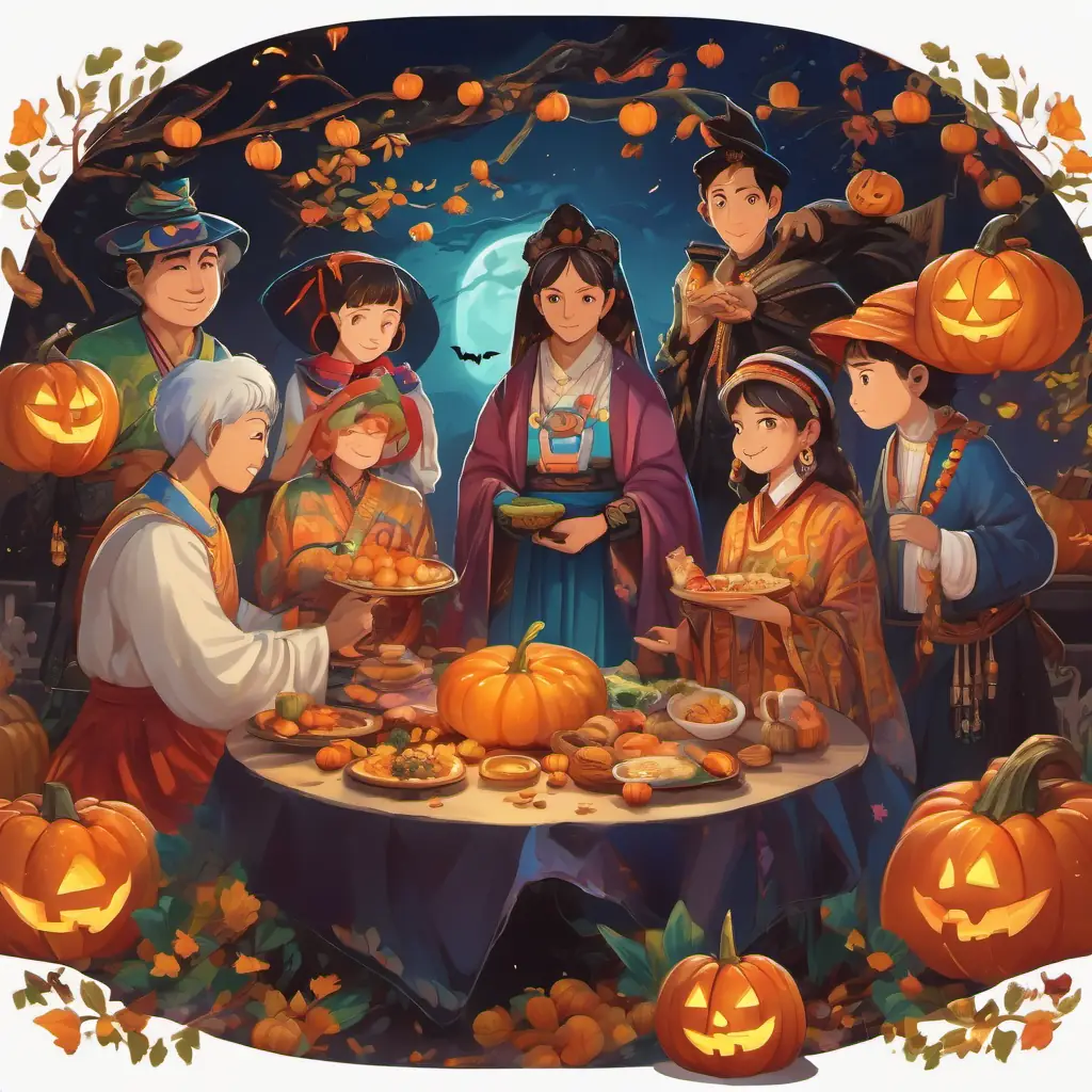 The text appears on a page with an illustration of the friends surrounded by people from different cultures. There are diverse characters wearing traditional clothing and sharing food, with colorful decorations all around.