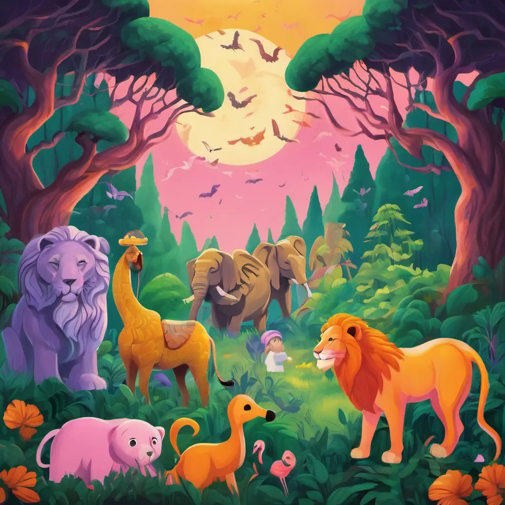 The text appears on a page with an illustration of the friends surrounded by various animals, such as a lion with a golden mane, a purple elephant, and a pink flamingo. They are all peacefully coexisting in the lush green forest.