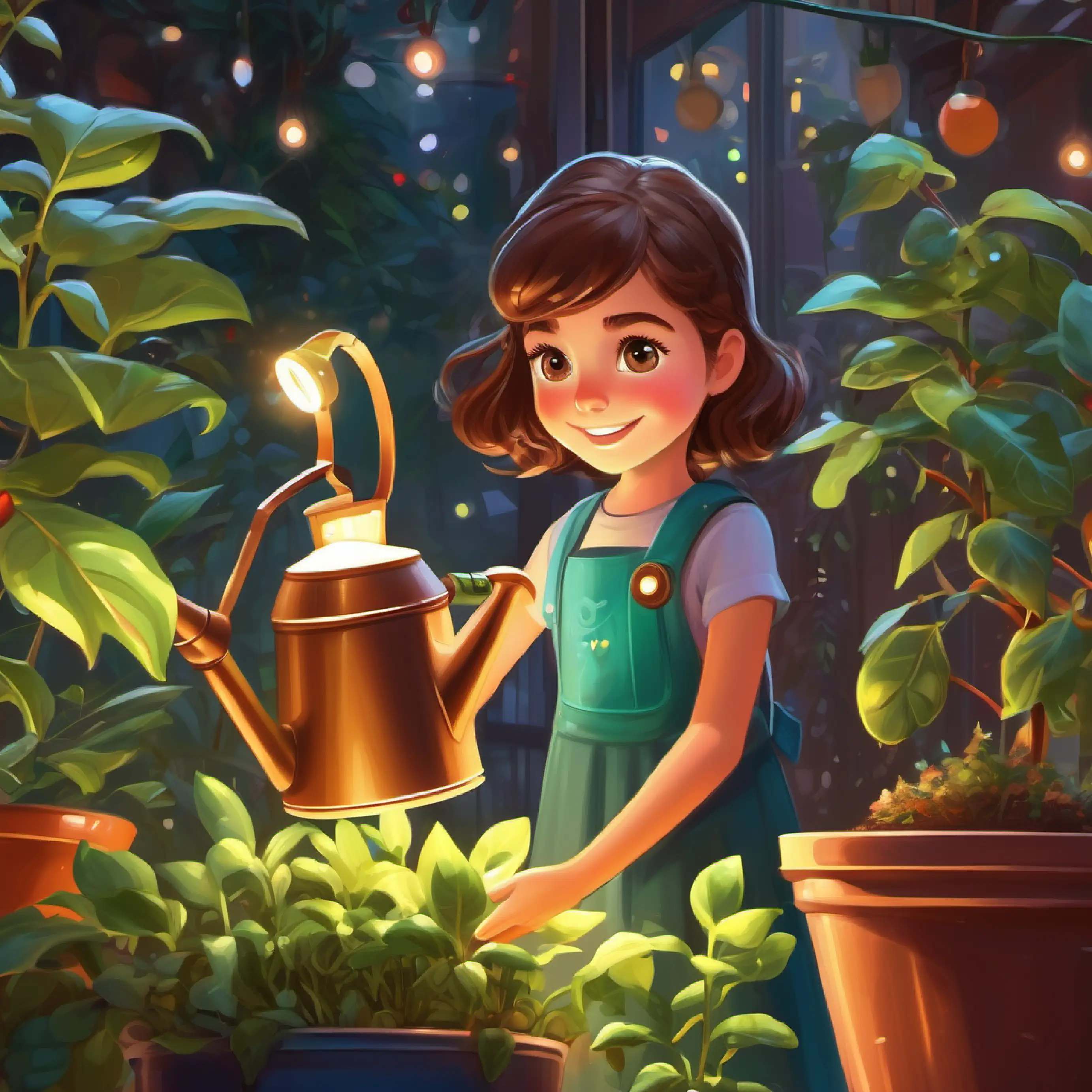 Young girl with bright eyes and a caring smile, brown hair caring for plants with Futuristic watering can, LED lights, talks with emotion assisting.