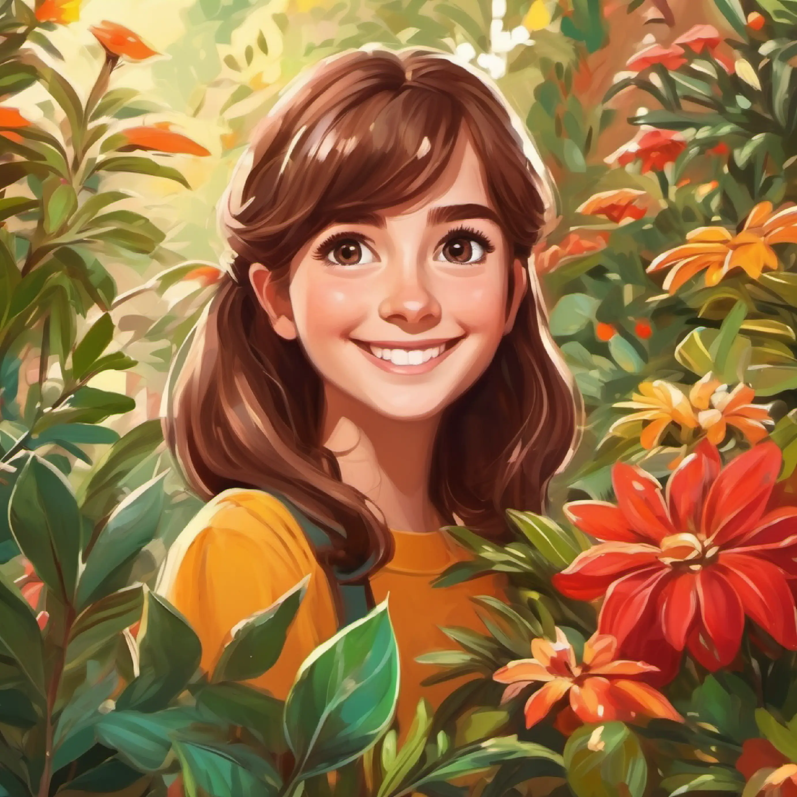 Thriving garden with content Young girl with bright eyes and a caring smile, brown hair, happy plants.