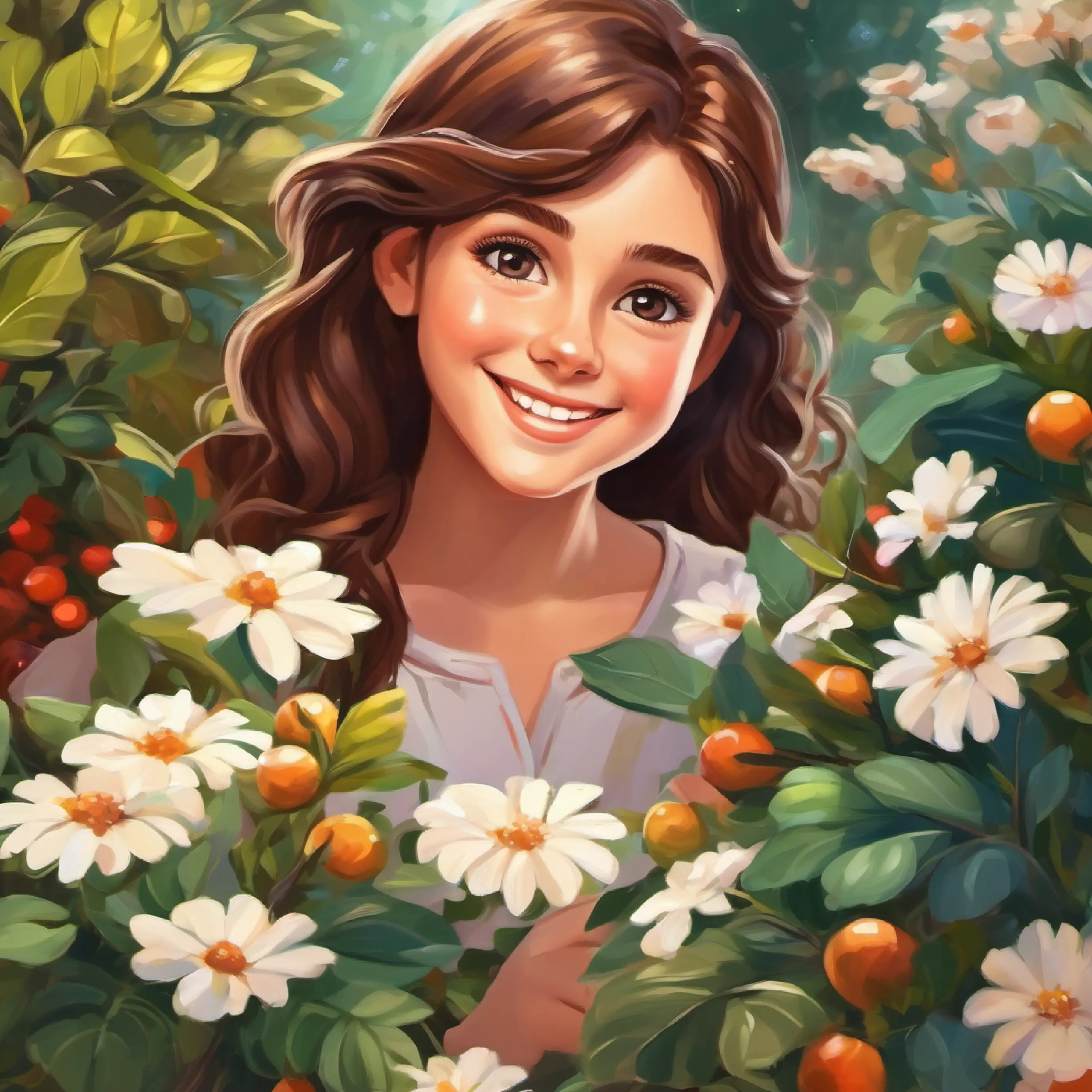 Young girl with bright eyes and a caring smile, brown hair and Kind woman, with gentle hands, nurturing smile, brown hair in the garden, plants content.