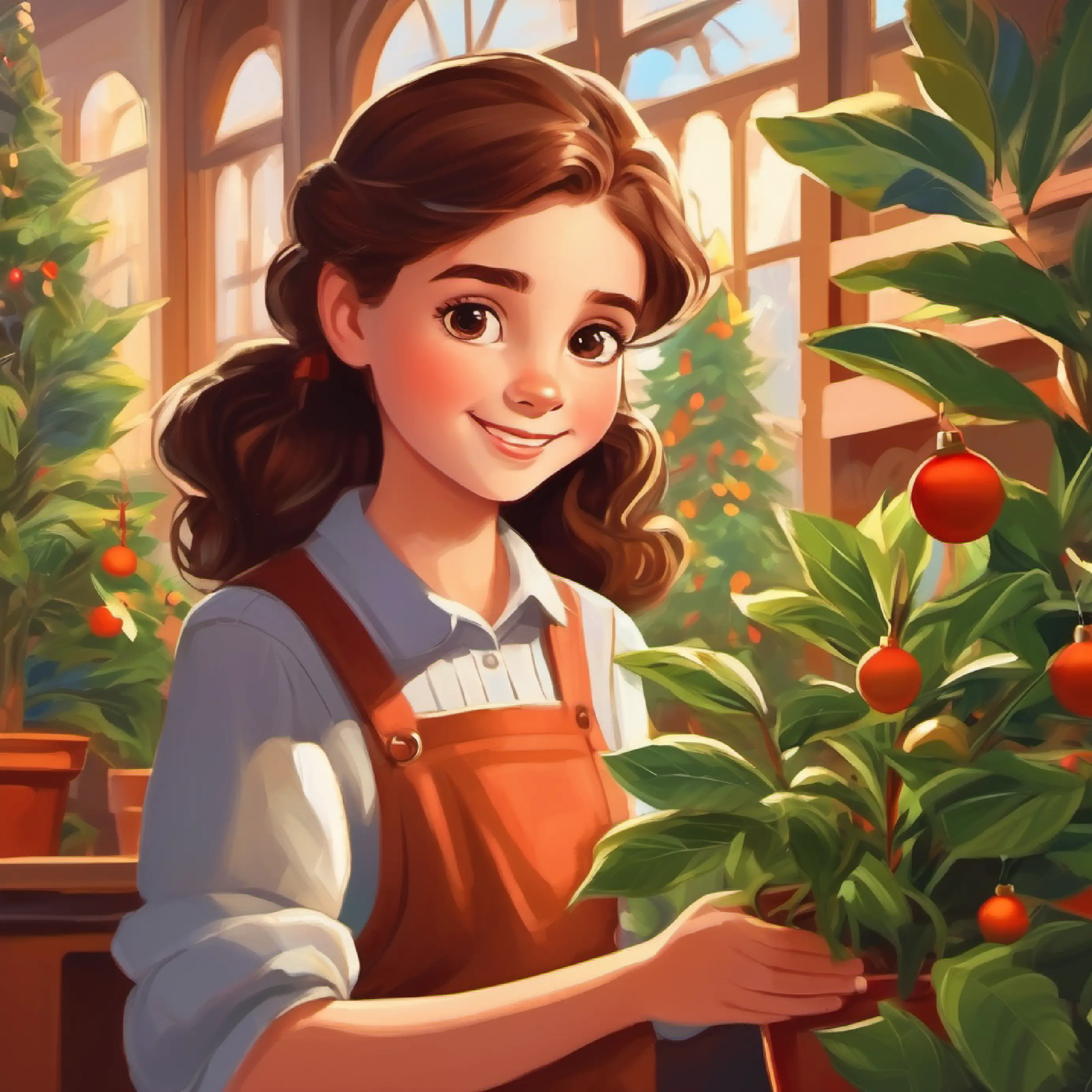 Observant Young girl with bright eyes and a caring smile, brown hair caring for the plants.