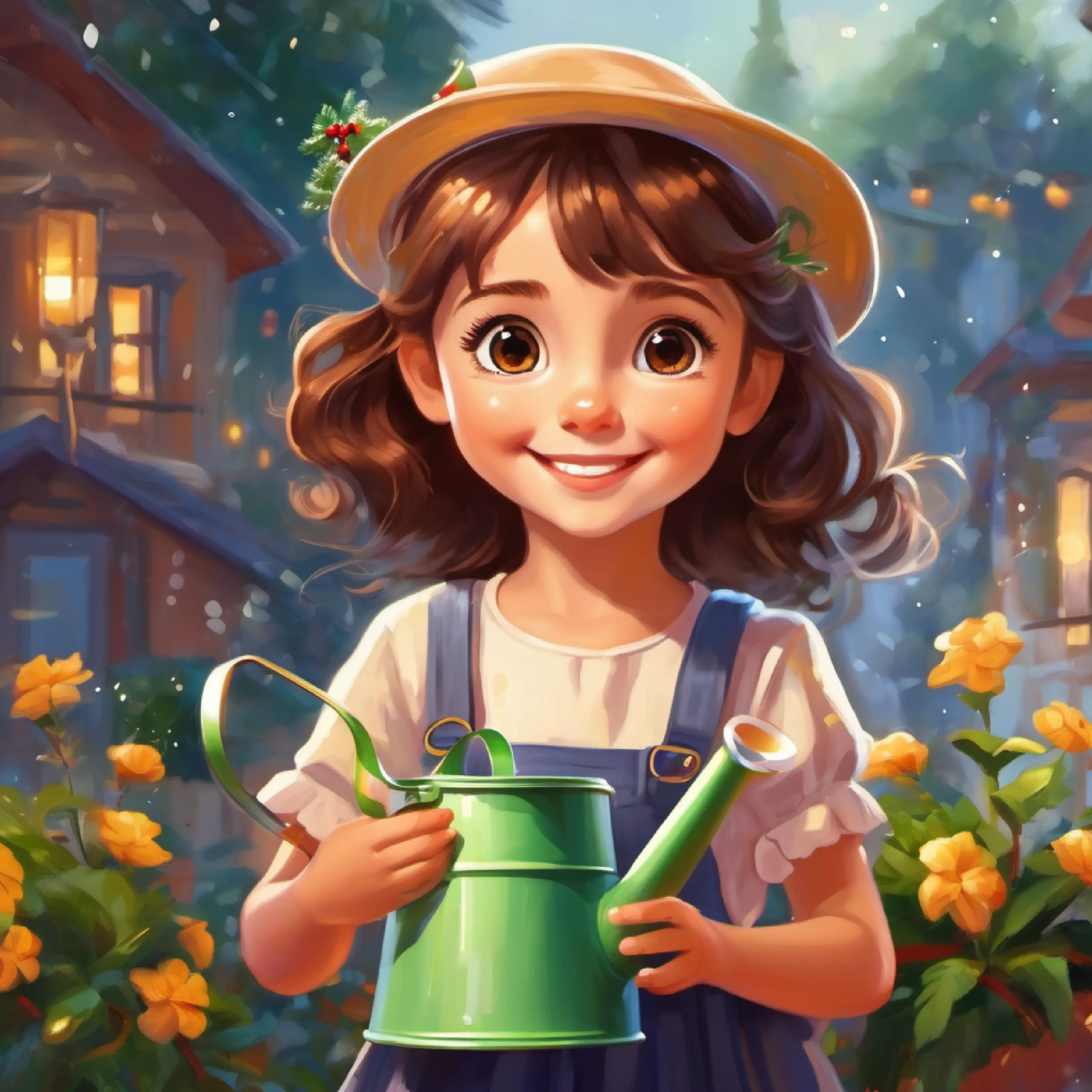 Young girl with bright eyes and a caring smile, brown hair receiving the high-tech watering can.