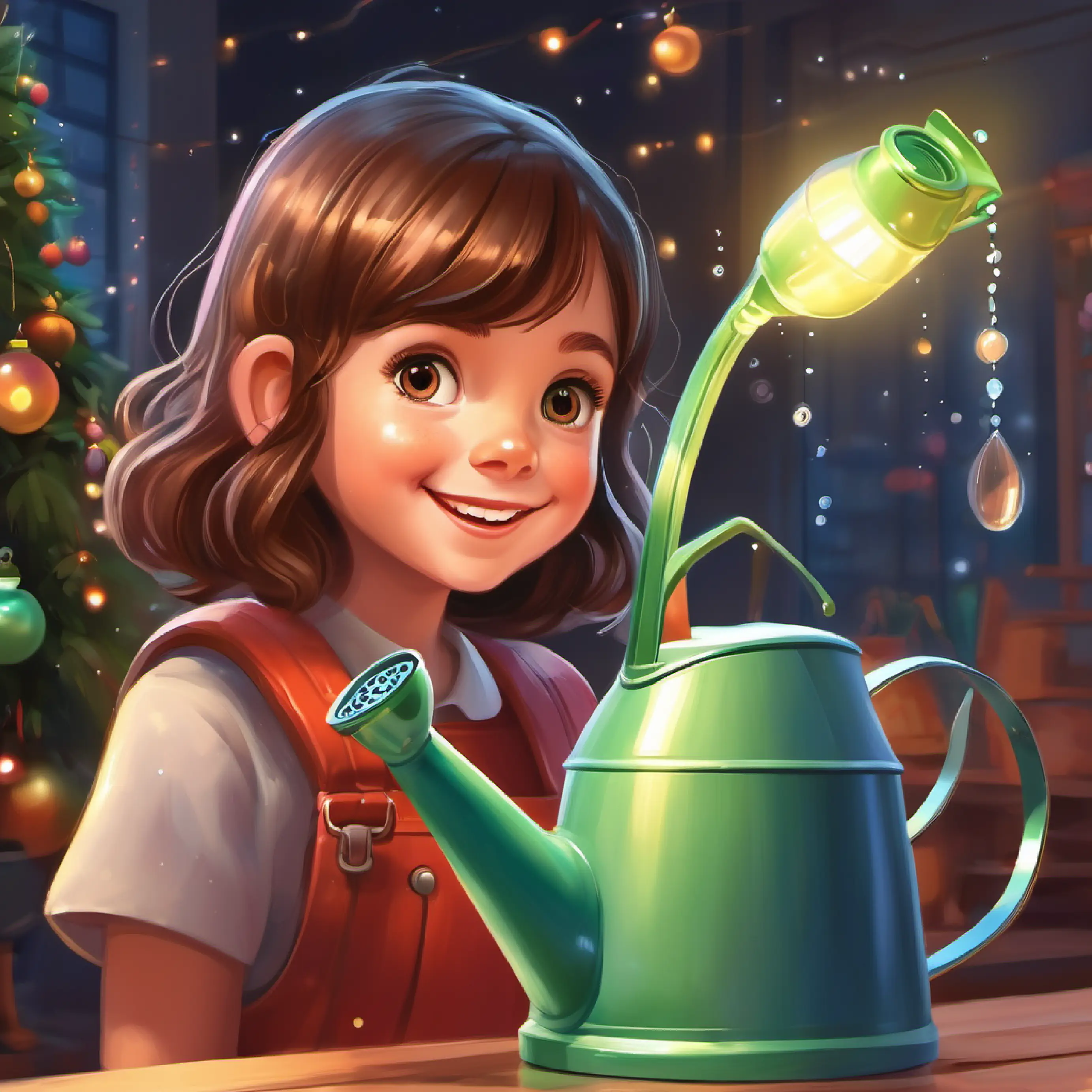 Young girl with bright eyes and a caring smile, brown hair interacting with Futuristic watering can, LED lights, talks with emotion, the talking watering can.