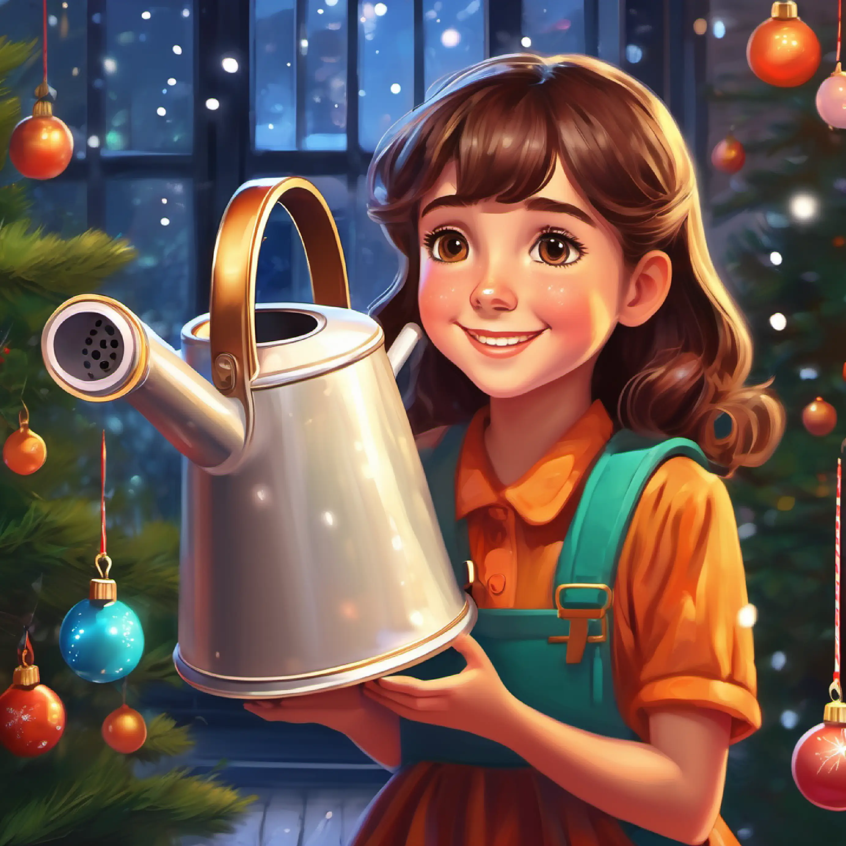 Futuristic watering can, LED lights, talks with emotion watering everything, Young girl with bright eyes and a caring smile, brown hair looking hopeful.