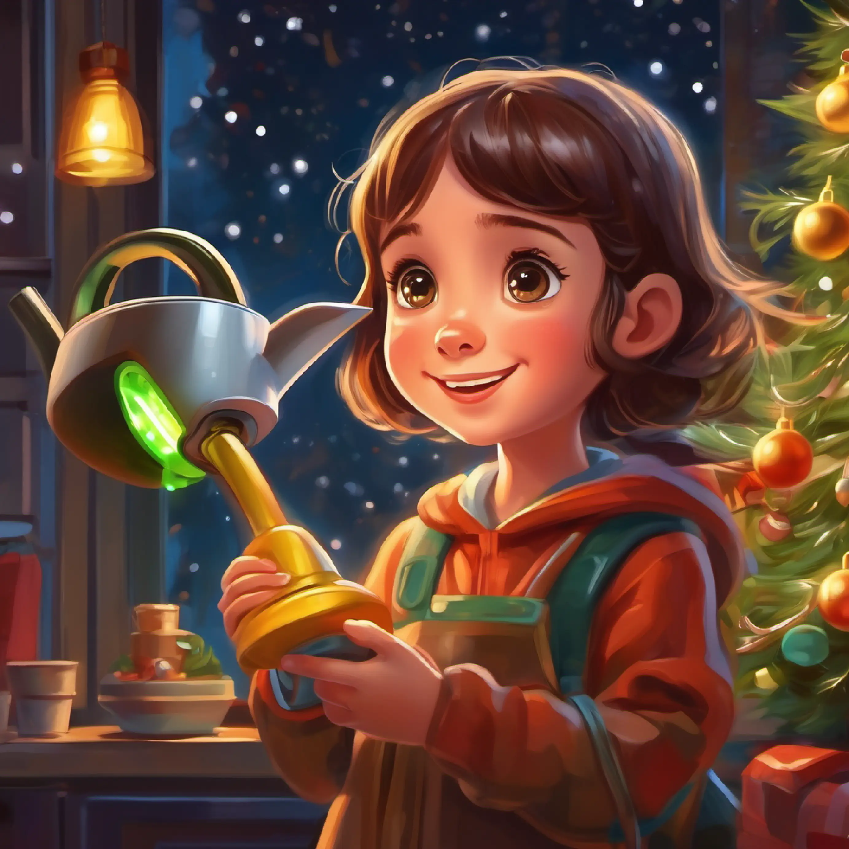 Young girl with bright eyes and a caring smile, brown hair questioning Futuristic watering can, LED lights, talks with emotion, which shows no answer.