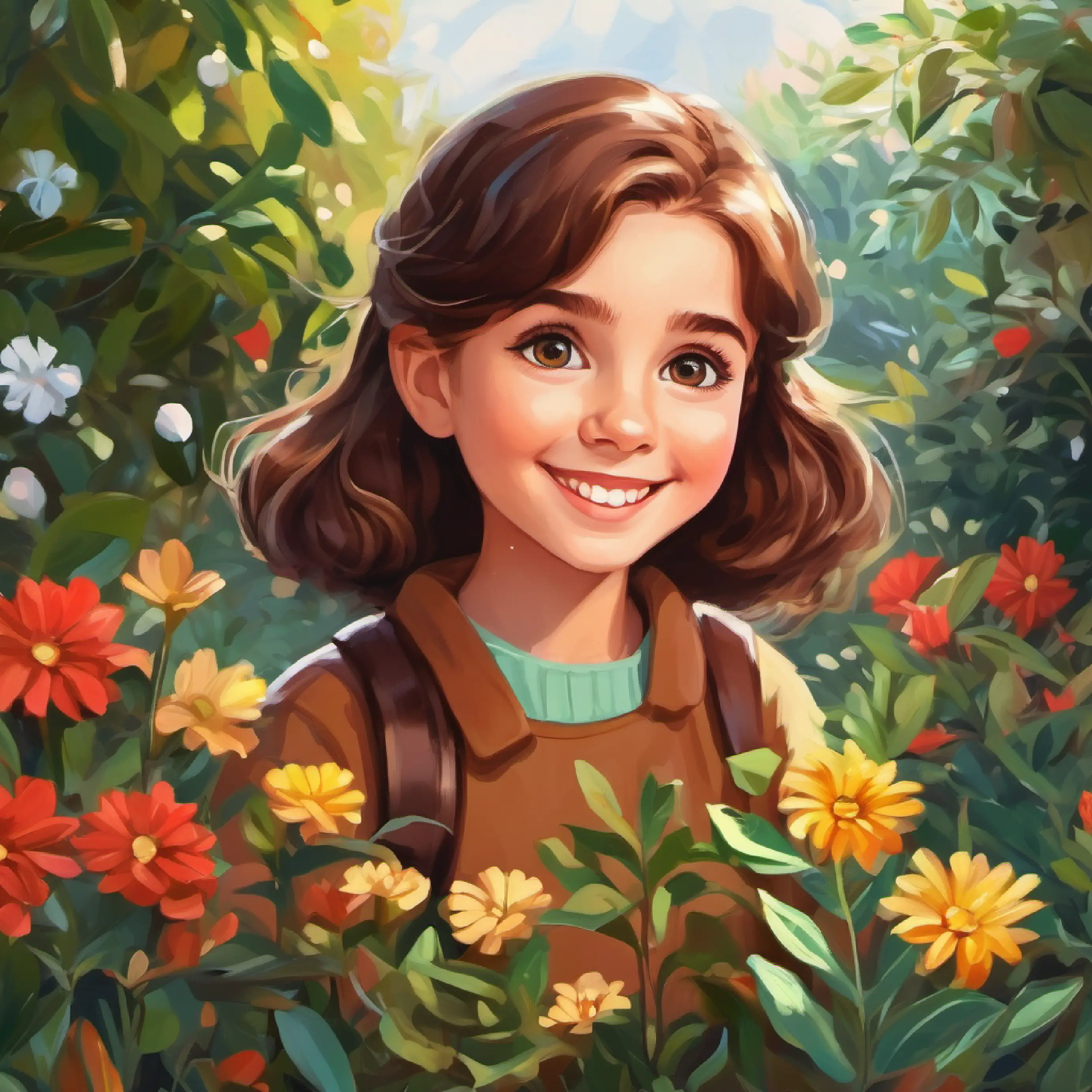 Young girl with bright eyes and a caring smile, brown hair in her garden, plants and nature all around.