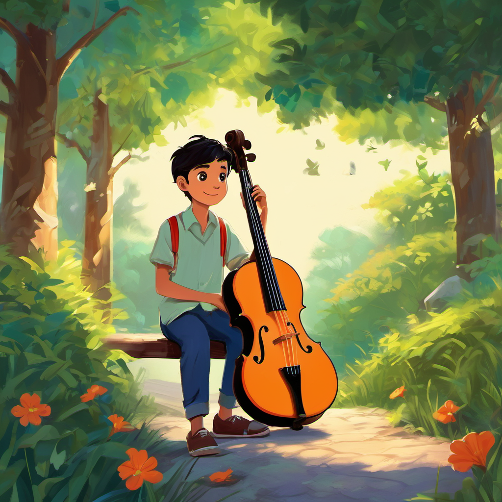 Once upon a time in the small town of Harmonyville, there lived a young boy named Lucas. Lucas loved music more than anything else in the world. Every day after school, he would rush home to play his guitar and create beautiful melodies that filled his home with joy. One sunny afternoon, as Lucas was taking his usual walk through the park, he stumbled upon a small, tinkering sound coming from a nearby bush. Curiosity sparked in Lucas's eyes, and he slowly approached the bush to investigate. Peeking through the leaves, he discovered a violin lying there, broken and abandoned.