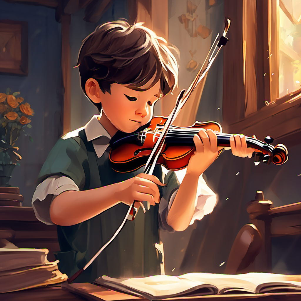 Lucas gently picked up the violin, feeling a pang of sadness for the broken instrument. He cradled it in his arms and whispered softly, "Don't worry, dear violin. I will help you find your melody again." With a determined expression on his face, Lucas rushed back home and carefully examined the violin. Strings were missing, the bow was damaged, and there were cracks all over its body. Nevertheless, Lucas refused to give up. He remembered his grandpa had taught him how to fix things, so he decided to repair the violin himself.