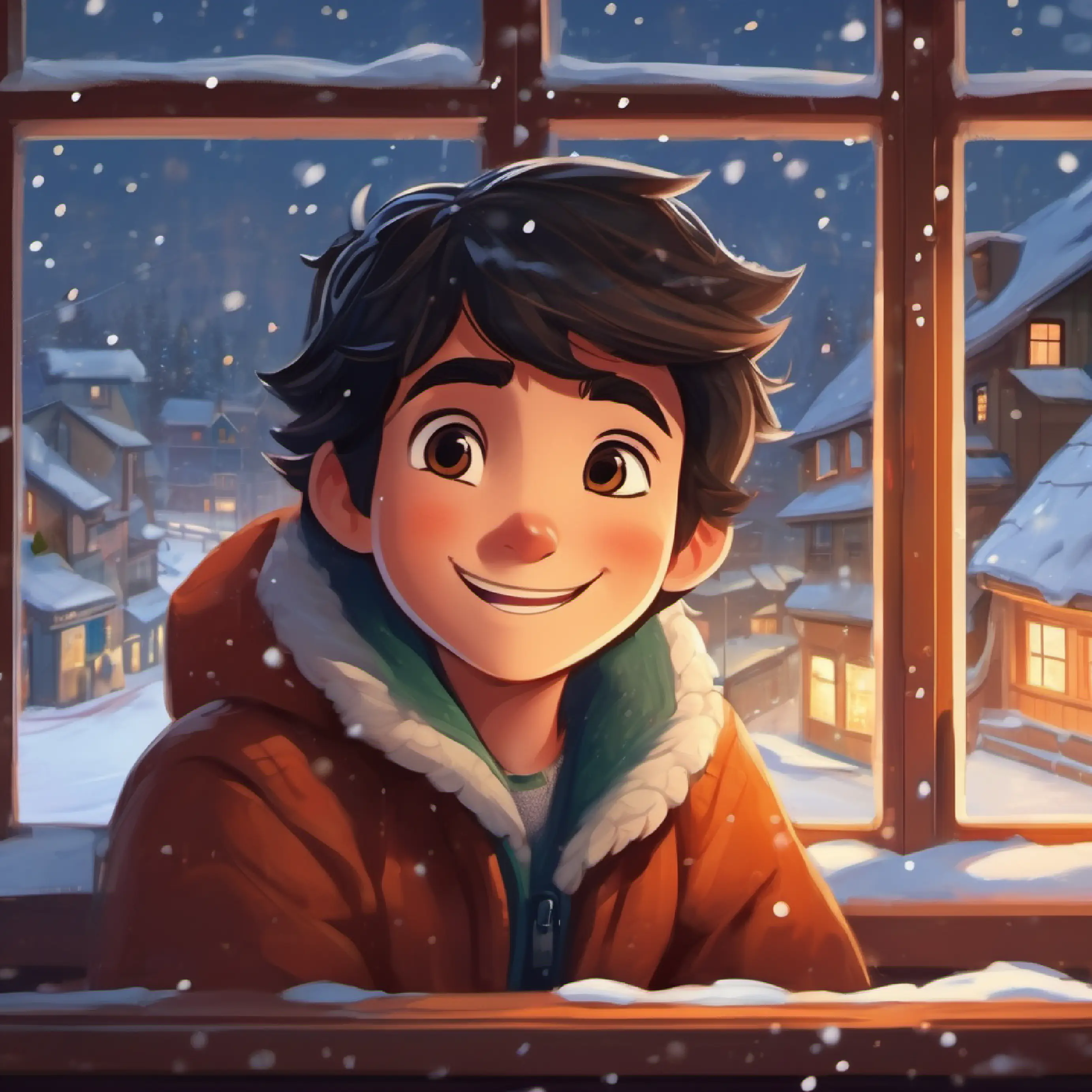 Dark hair, curious eyes, always wearing a big, warm smile watches the snowfall from his window, excited for fun.