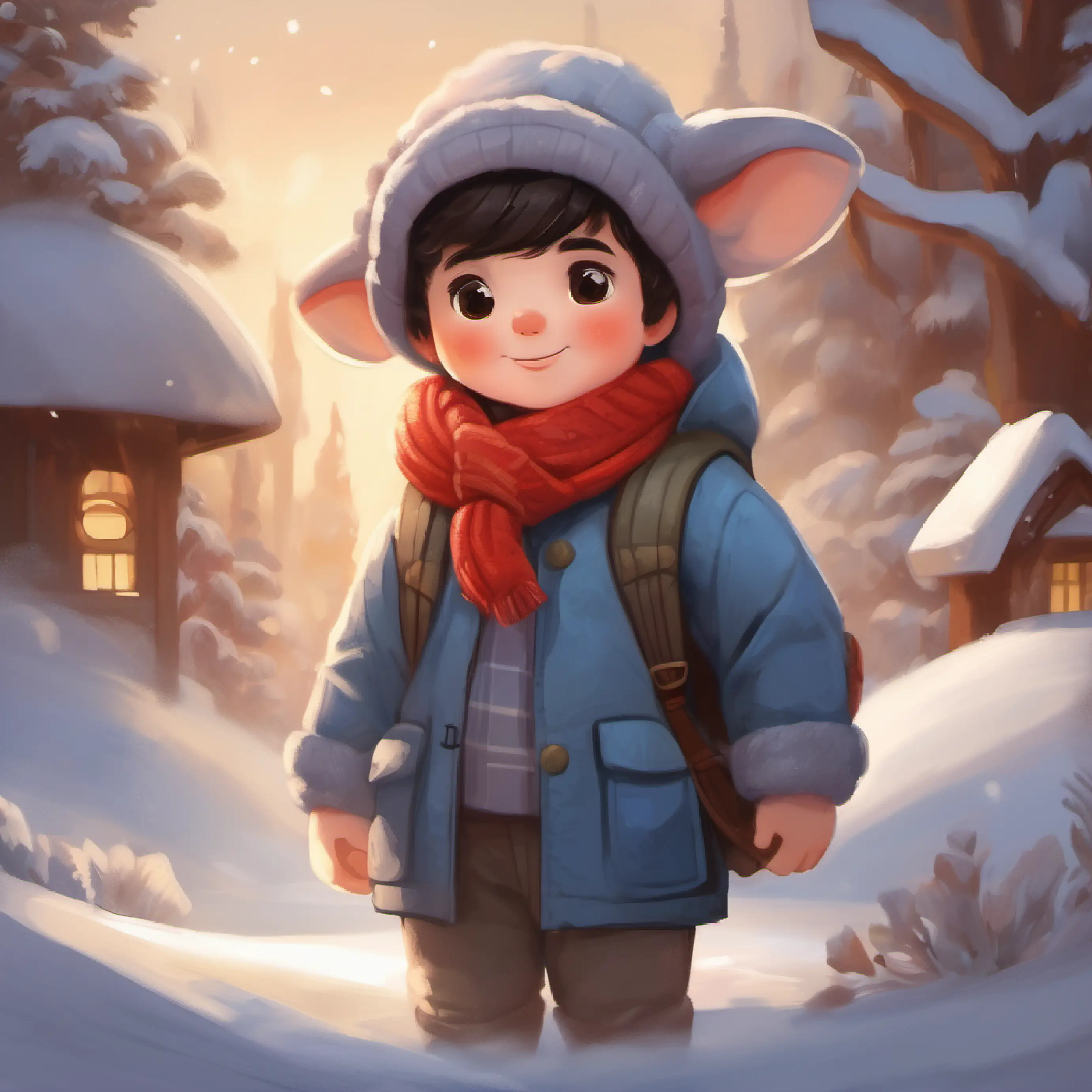 Dark hair, curious eyes, always wearing a big, warm smile gears up for the snow and brings Soft stuffed elephant, big ears, wears a tiny scarf, his stuffed elephant.