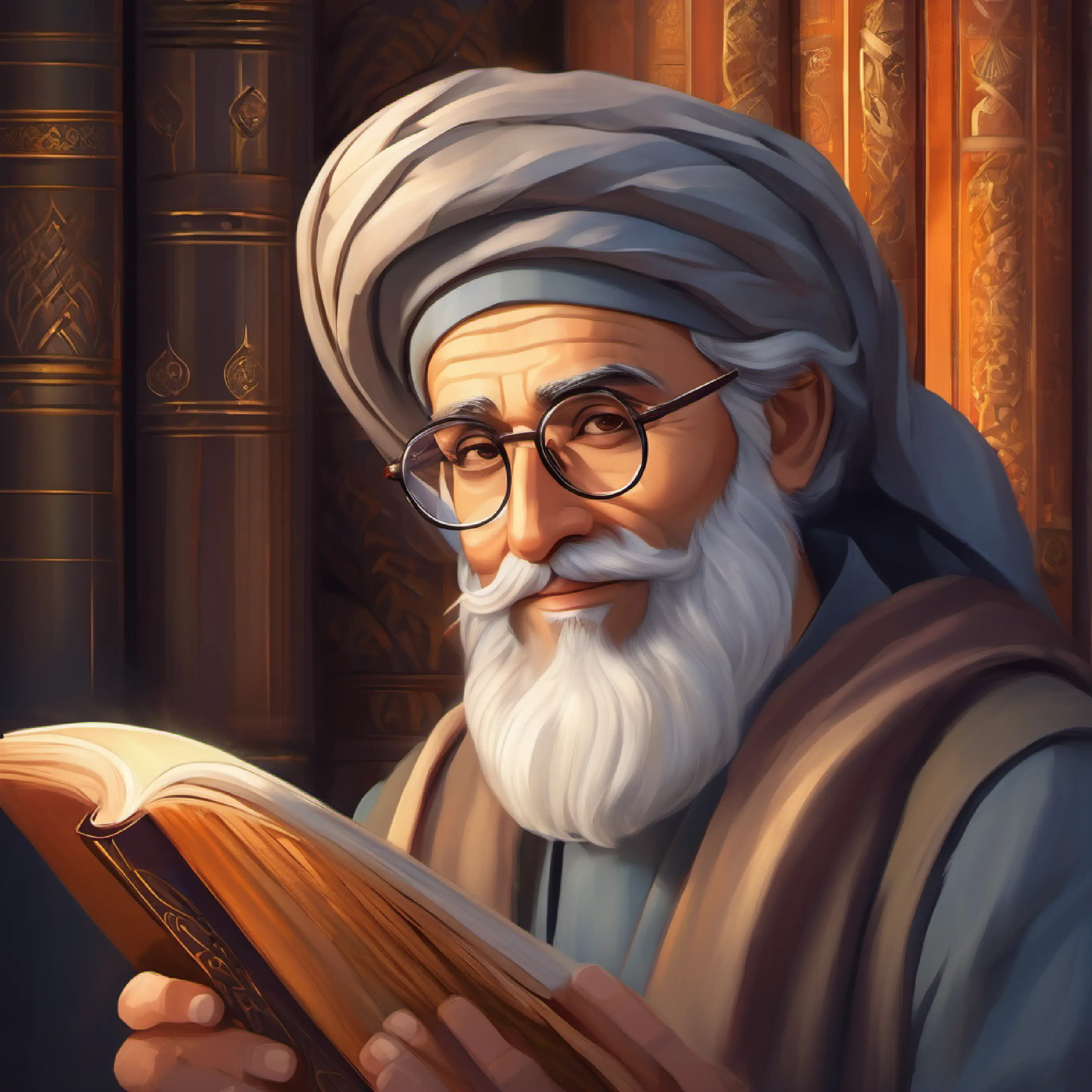 Kind face, glasses, grey beard, always found with a book shares stories of Ibn Sina's healing work.