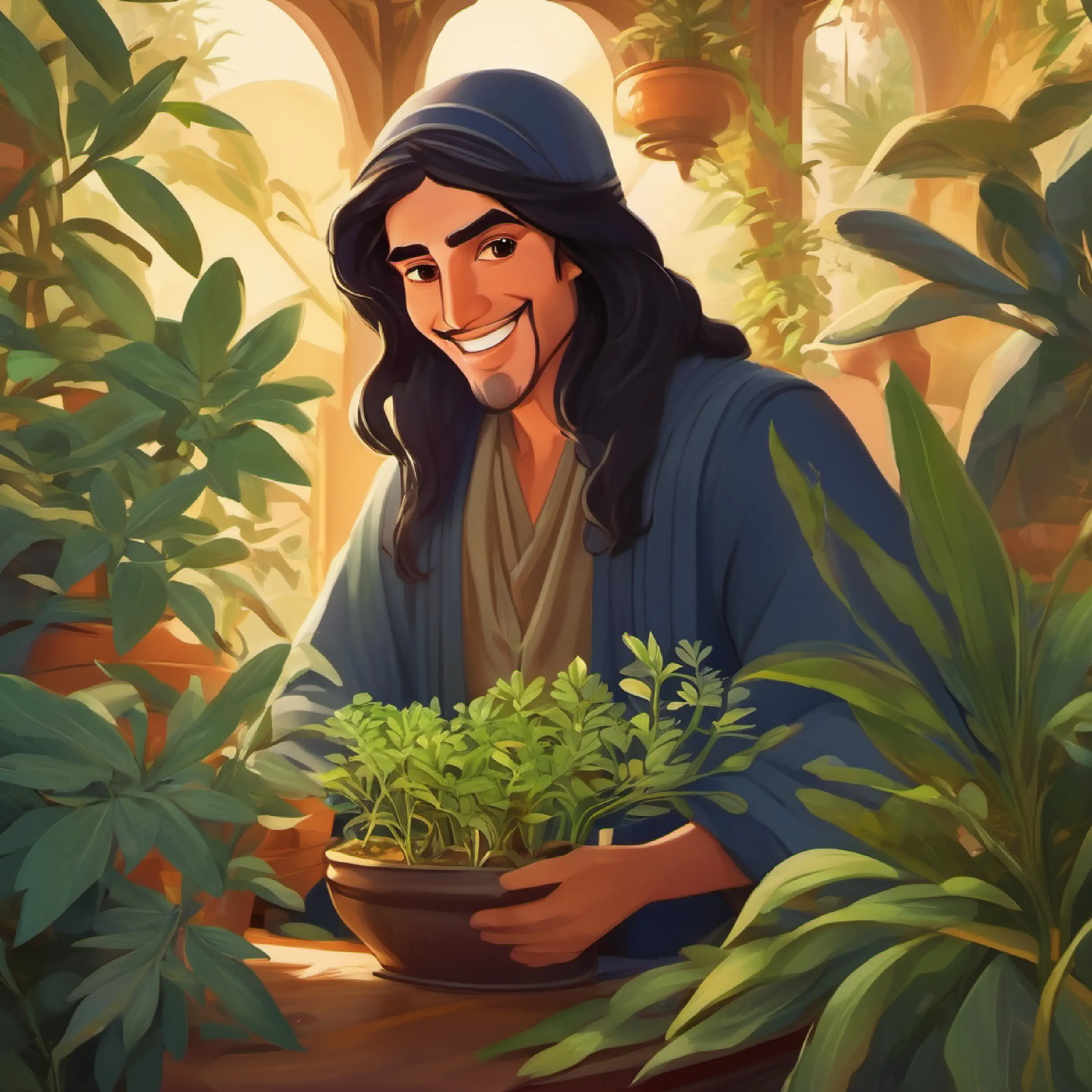 Dark hair, curious eyes, always wearing a big, warm smile imagines collecting plants with Ibn Sina to make medicine.