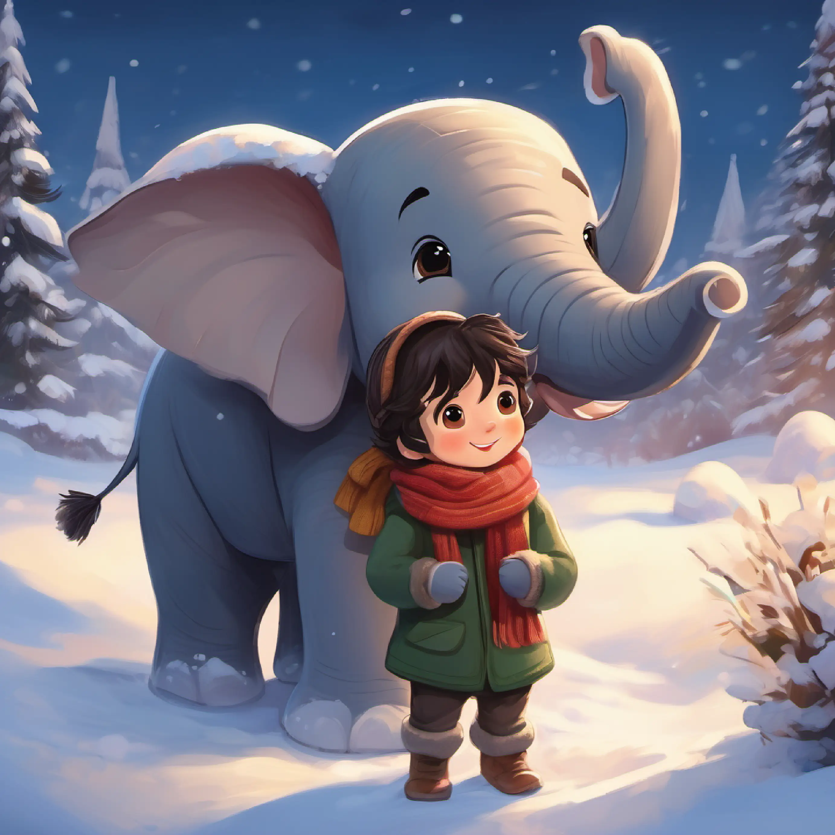 Dark hair, curious eyes, always wearing a big, warm smile ends his daydream to play in the snow with Soft stuffed elephant, big ears, wears a tiny scarf.