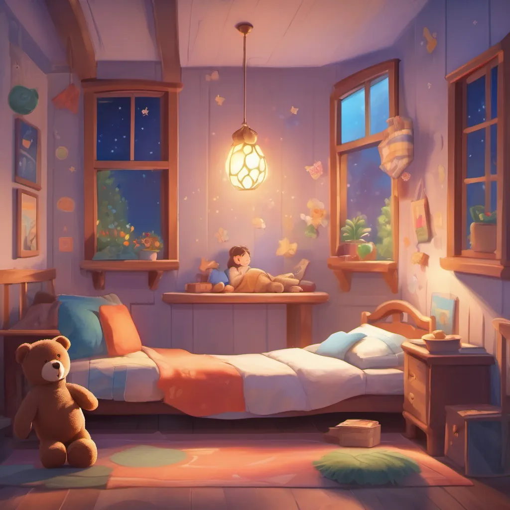 A cozy child's bedroom with moonlight streaming through the window, a teddy bear sitting on the bed coming to life.