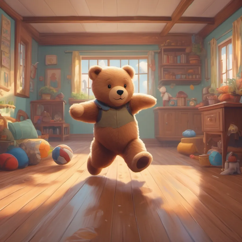 A teddy bear hopping, skipping, and jumping on the floor with joy.