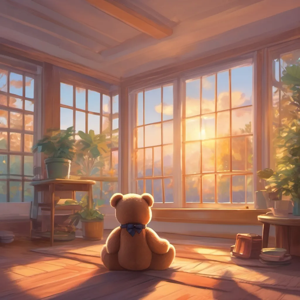 The sun rising with its warm light filling the room, A fluffy teddy bear with friendly and playful features, wearing a small bow tie with closed eyes.