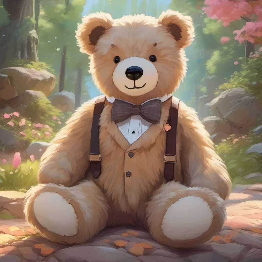 A dreamy scene showing A fluffy teddy bear with friendly and playful features, wearing a small bow tie dreaming with a smile on his face.