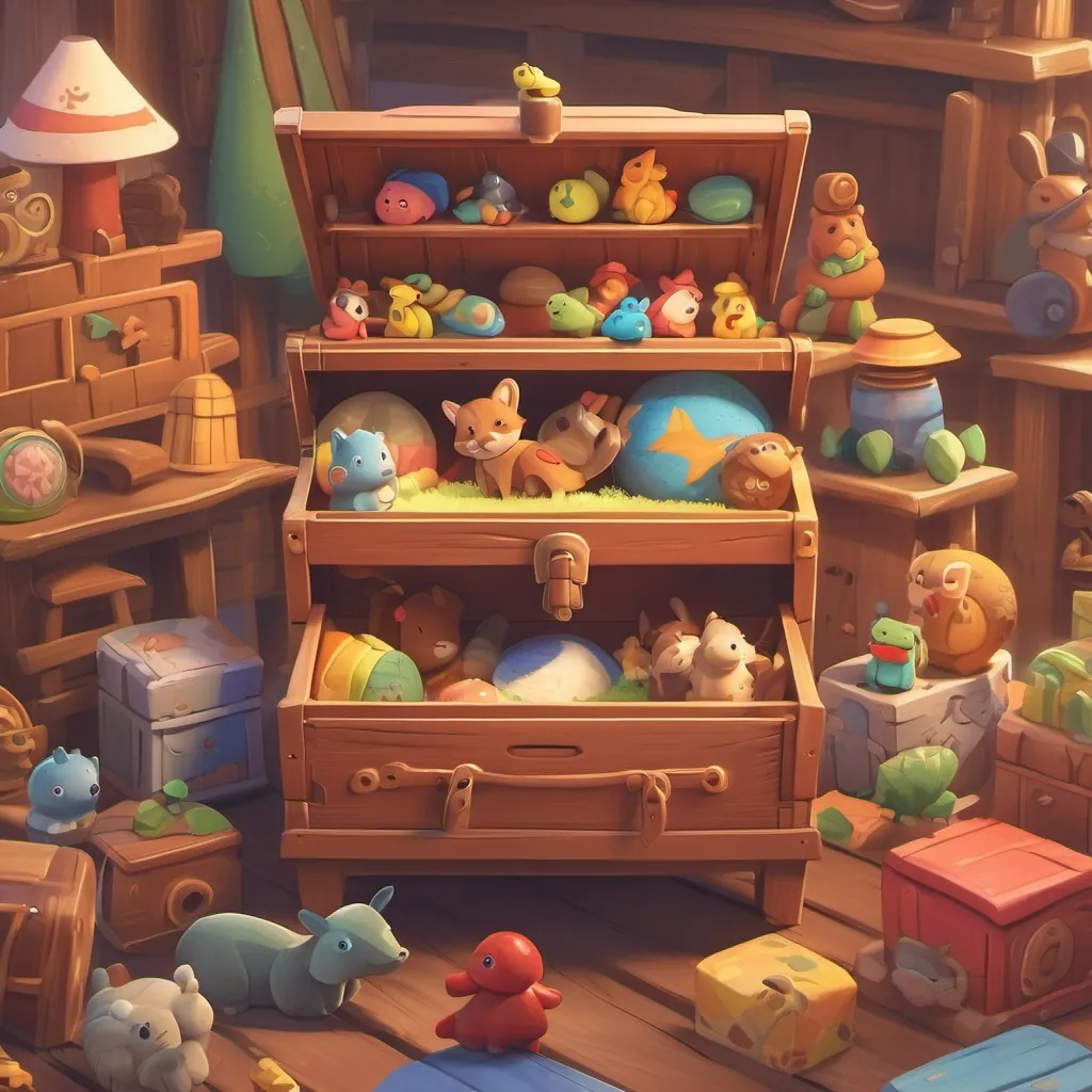 A toy chest opening with various toys coming out, ready for an adventure.