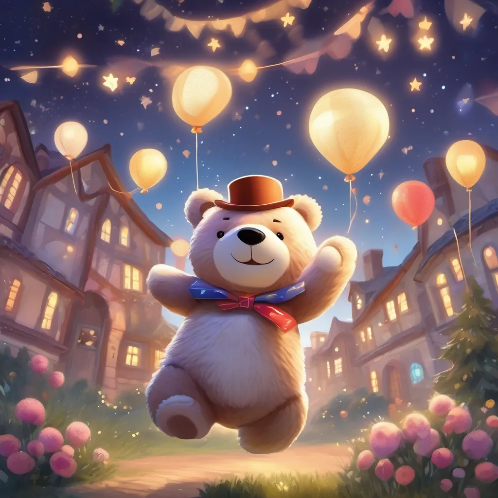 A fluffy teddy bear with friendly and playful features, wearing a small bow tie's toy friends jumping with cheer under a starry sky backdrop.