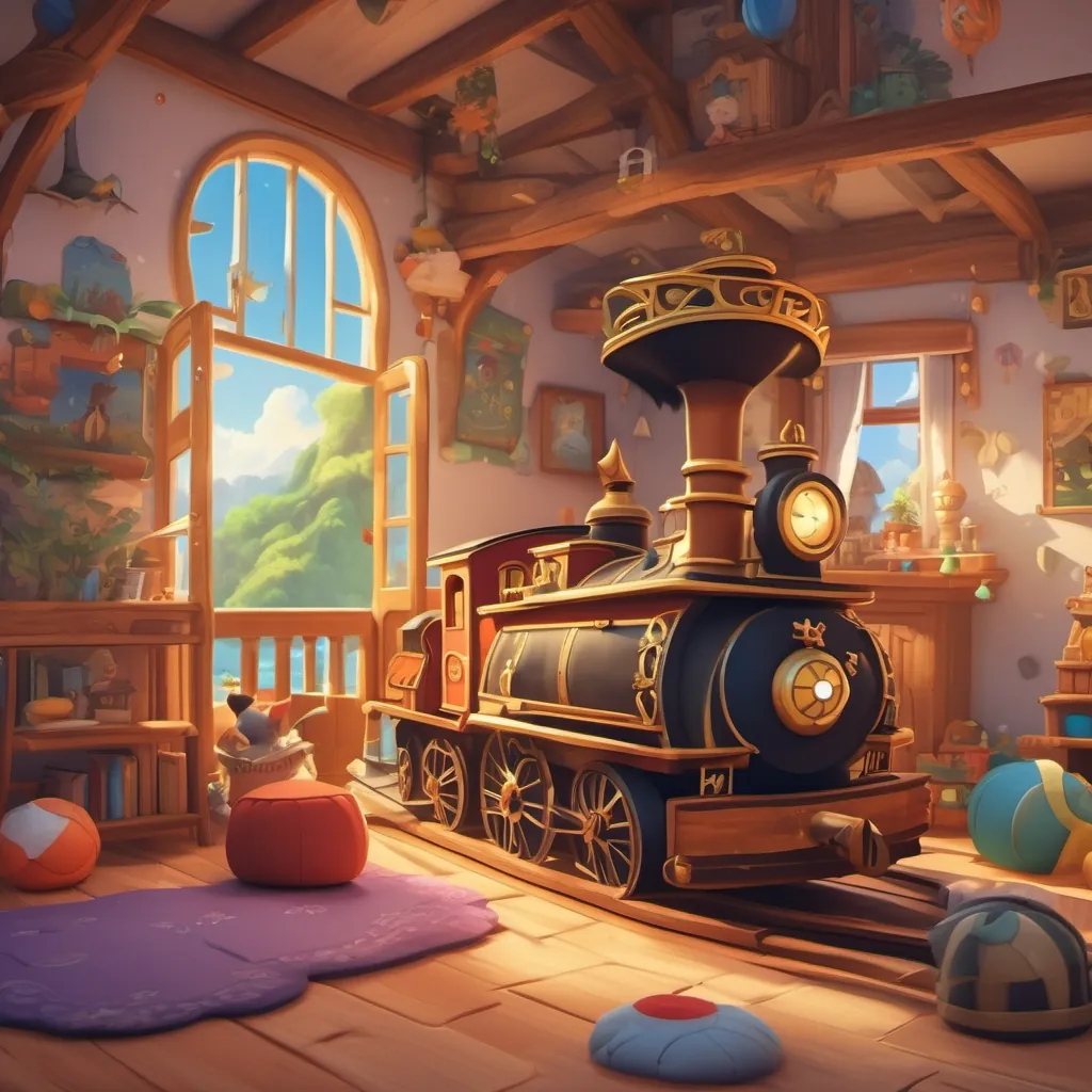 A magical scene with a toy train and pirate ship moving through a child's bedroom.