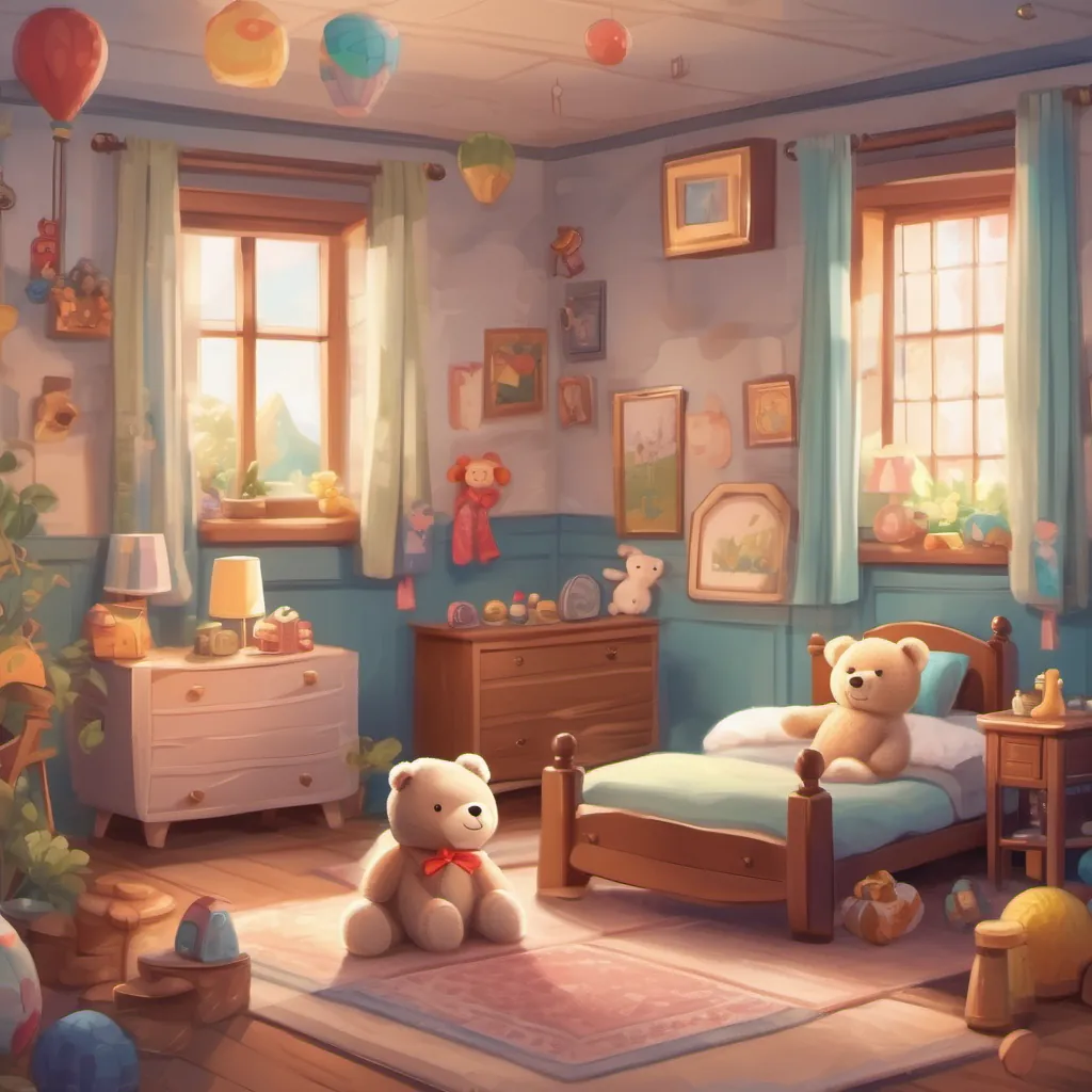 A fluffy teddy bear with friendly and playful features, wearing a small bow tie and various toys helping each other around the bedroom.