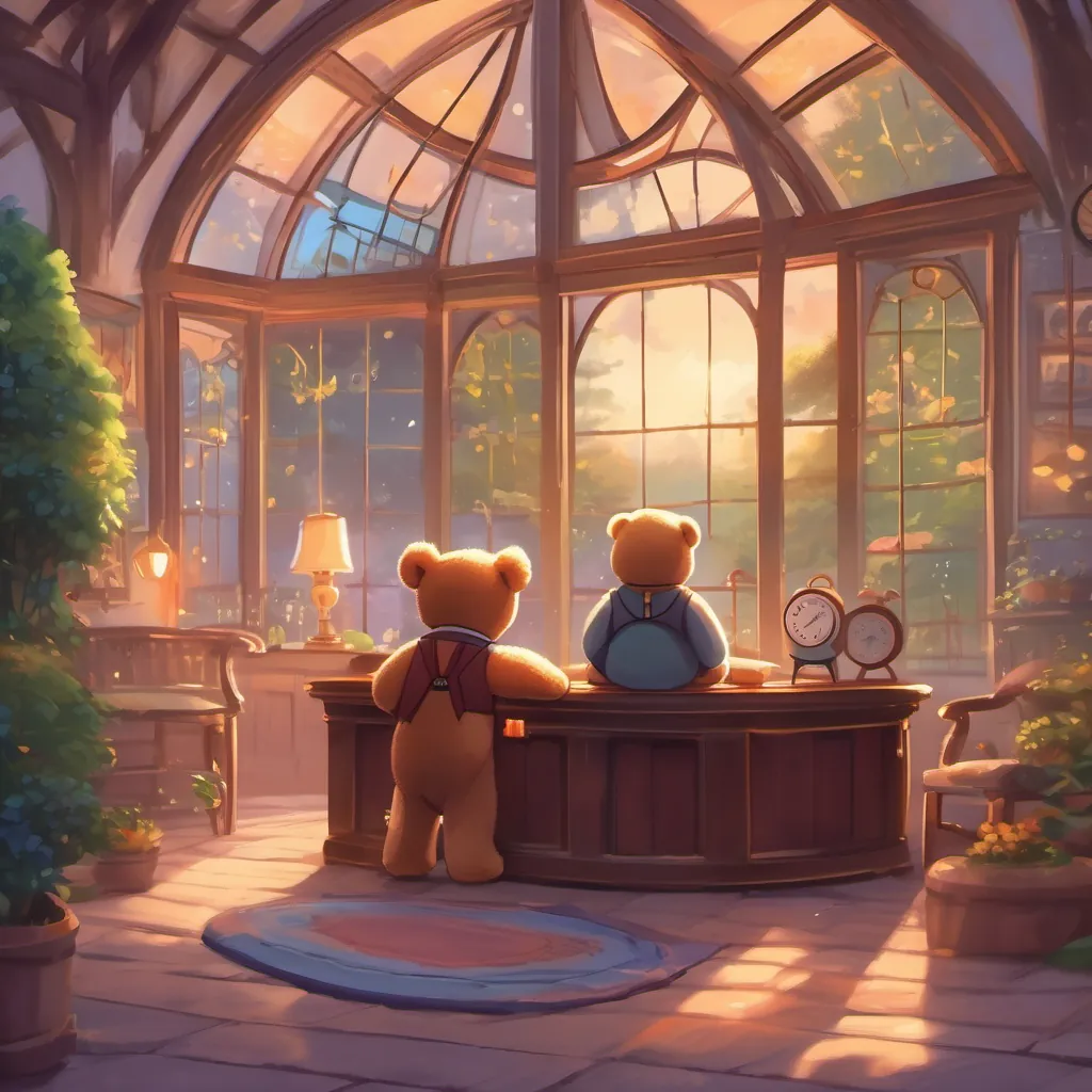 A warm scene with A fluffy teddy bear with friendly and playful features, wearing a small bow tie looking proud as the night transitions into dawn, the grand clock ticking.