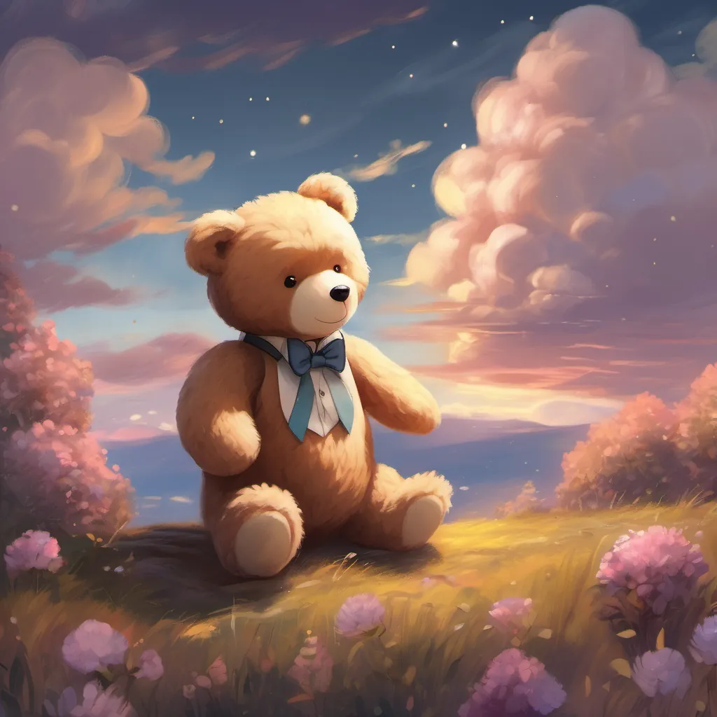 The sky lightening up, A fluffy teddy bear with friendly and playful features, wearing a small bow tie looking wistful.