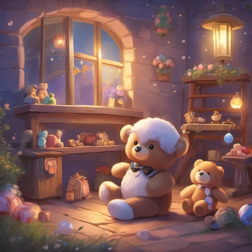 A fluffy teddy bear with friendly and playful features, wearing a small bow tie and toys returning to their positions preparing for the next night under the moonlight.