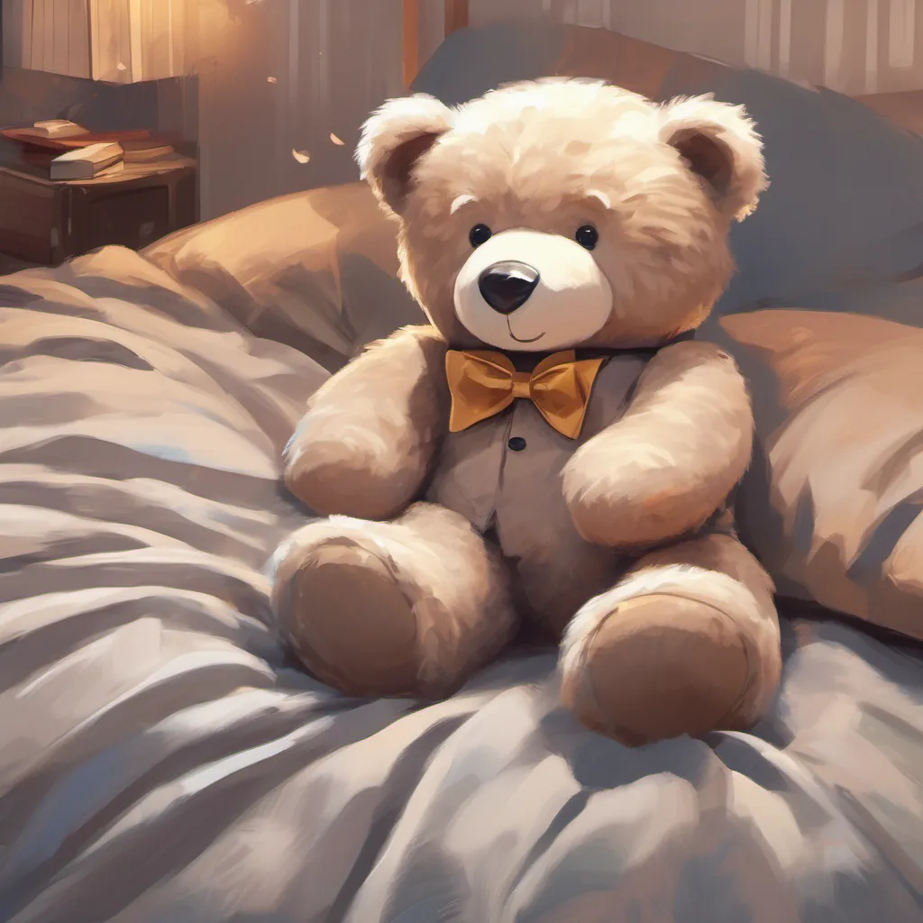 A fluffy teddy bear with friendly and playful features, wearing a small bow tie laying back down in his original position on the bed, looking dreamy.