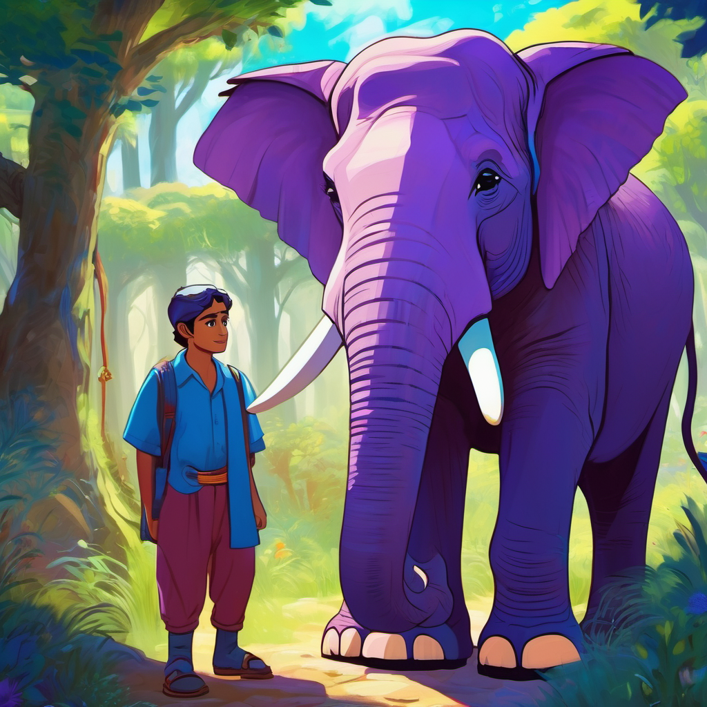 Abdullah and Abdullah's best friend, wearing a purple dress visiting the A wise and majestic elephant, with bright blue eyes at the Magic Forest
