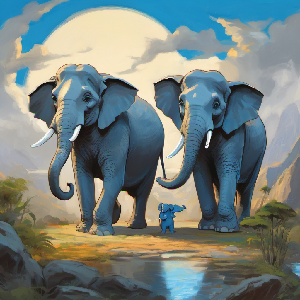 The A wise and majestic elephant, with bright blue eyes telling Abdullah about the Two grumpy and mischievous goblins, dressed in dull gray