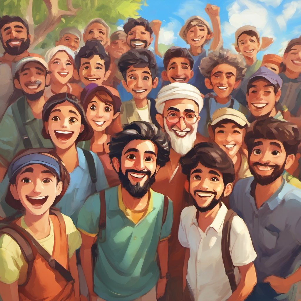 Abdullah surrounded by his sketch friends, smiling happily