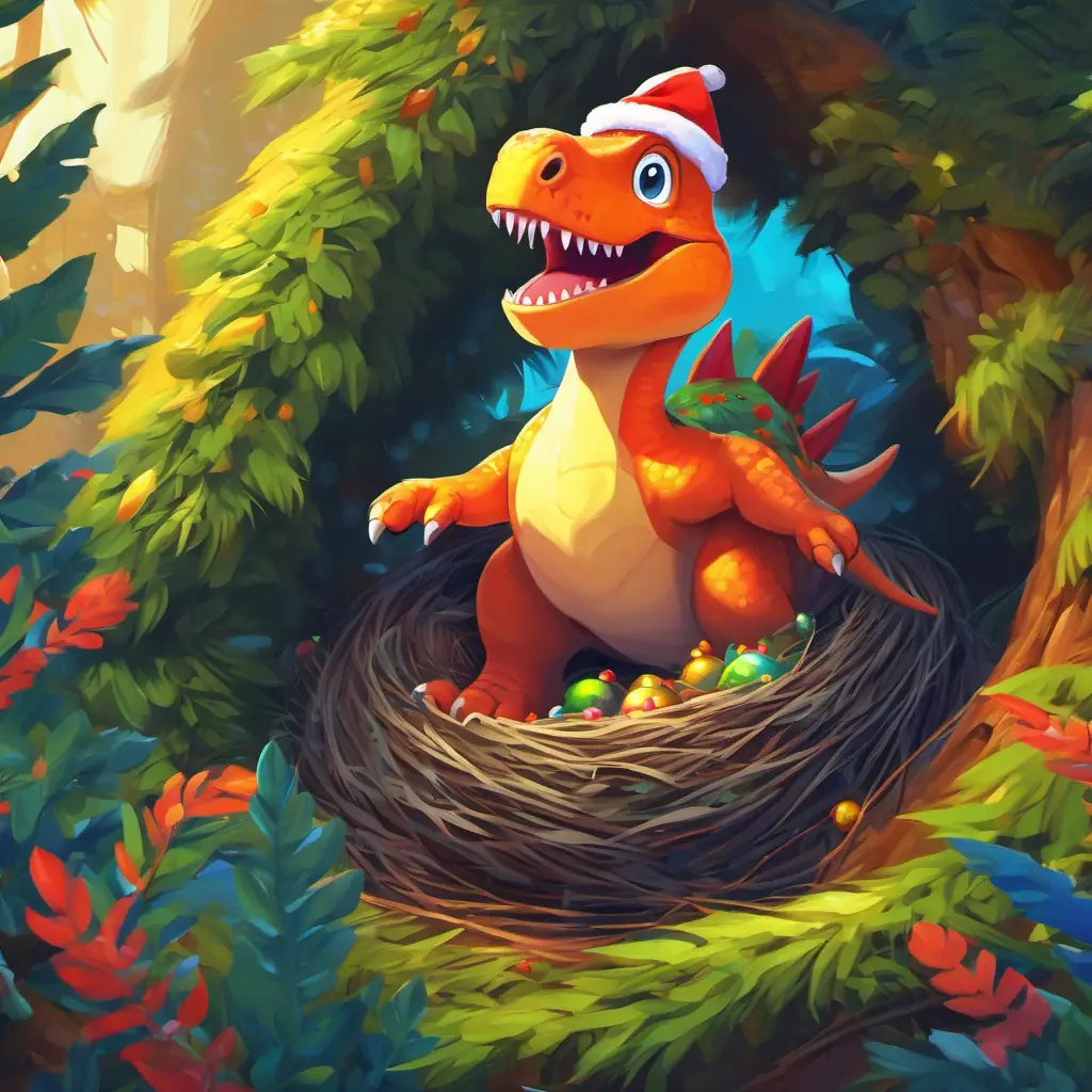 Dino near a vibrant nest, surprised at finding small creatures inside.