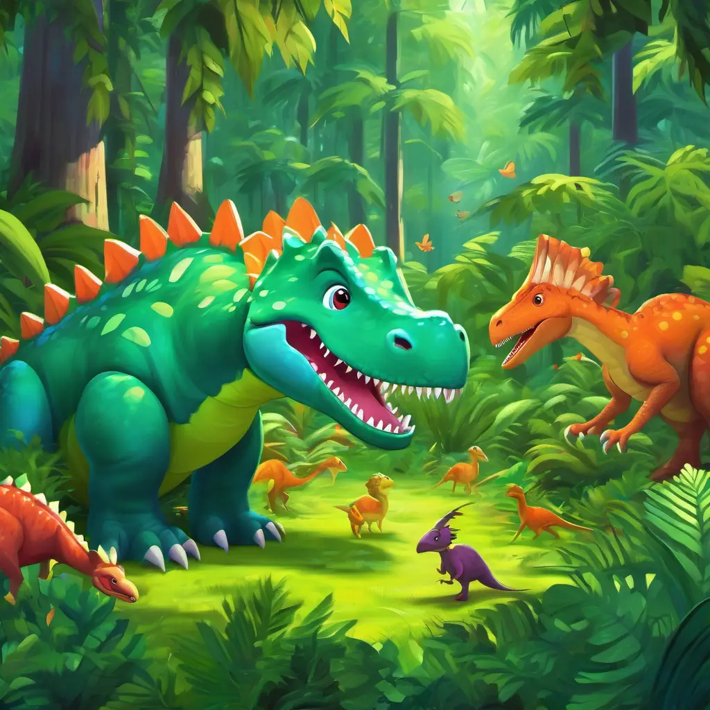 Dino surrounded by chirping creatures in a lush, green forest.