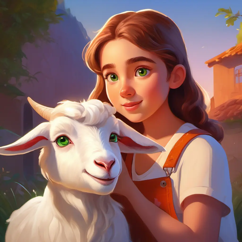 A young girl with sun-kissed skin, green eyes, and a curious look grooming her white goat A playful white goat with bright eyes and floppy ears at sunrise.
