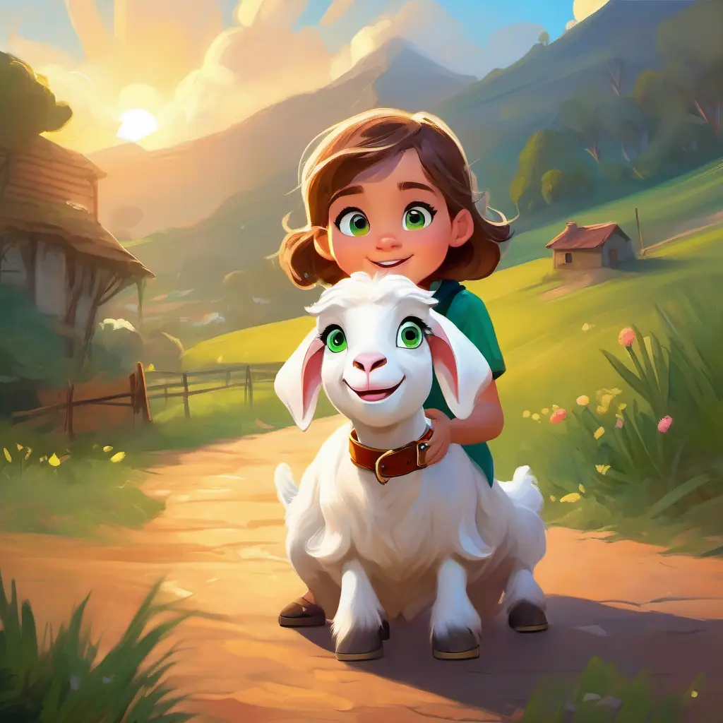 A young girl with sun-kissed skin, green eyes, and a curious look proposing an adventure, A playful white goat with bright eyes and floppy ears excited.
