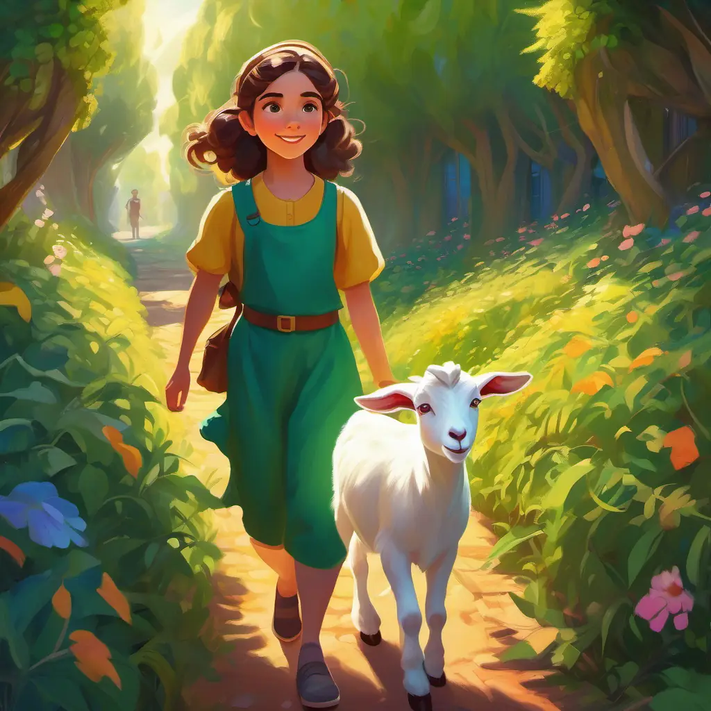 A young girl with sun-kissed skin, green eyes, and a curious look and A playful white goat with bright eyes and floppy ears finding a colorful, vine-covered path.