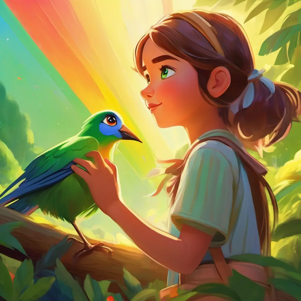 A young girl with sun-kissed skin, green eyes, and a curious look pointing at a rainbow-feathered bird.